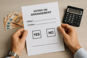 A person holding a voting form with "Yes" and "No" options, showing debtor and creditor names, over a desk with Euro banknotes and a calculator. The image symbolizes decision-making by a foreign creditor in a Polish restructuring proceeding