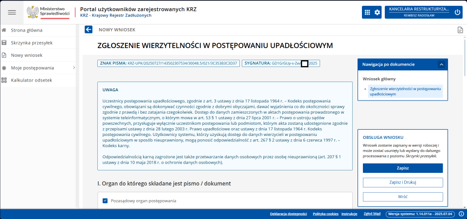 Instrukcja zgłoszenia wierzytelności w KRZ
